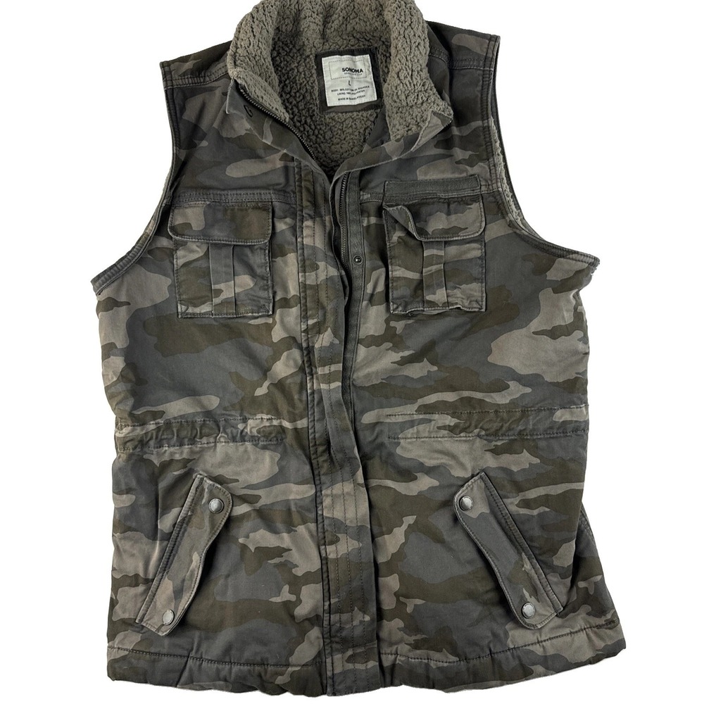 Sonoma Women's Camo Utility Vest Size L Sherpa Lined Full Zip Pockets